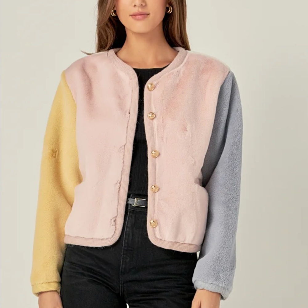English Factory color block faux fur jacket cardigan medium